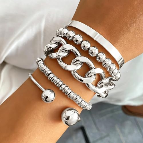 Golden Bangle Bracelets Set for Women, 14k Gold-Plated Multi Layer Stackable Cuff Bracelets, Personalized Boho Non Tarnish Adjustable Bangle Jewelry Gift for Her - color: 5PCS Silvery Cuban Link Chain