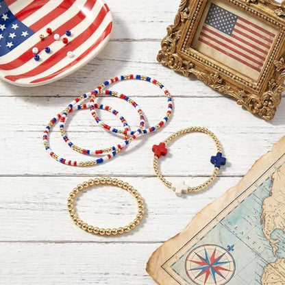 Gold Beaded Bracelets Stack for Women Stackable 14K Gold Plated Beads Ball Cross Bracelet Boho Christian Jewelry Faith Friendship Birthday Gifts for Women - color: USA