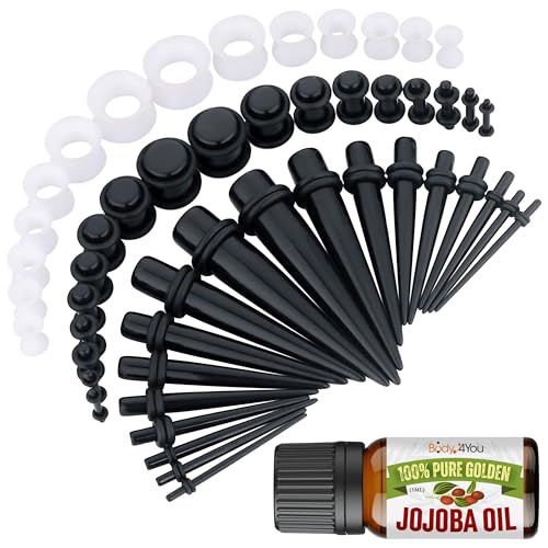BodyJ4You 54PC Ear Stretching Kit 14G-12mm - Aftercare Jojoba Oil - Acrylic Plugs Gauge Tapers Silicone Tunnels - Lightweight Expanders Men Women - color: Black, White