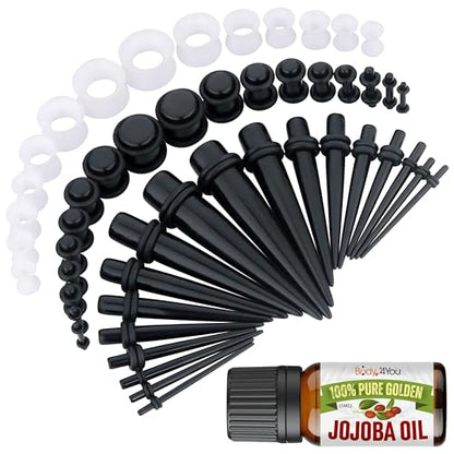 BodyJ4You 54PC Ear Stretching Kit 14G-12mm - Aftercare Jojoba Oil - Acrylic Plugs Gauge Tapers Silicone Tunnels - Lightweight Expanders Men Women - color: Black, White
