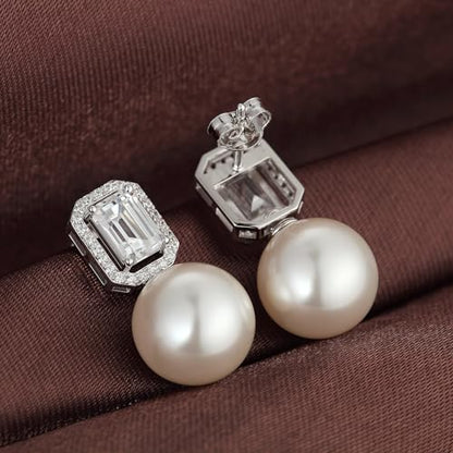 925 Sterling Silver Pearl Jewelry Set for Women, Glossy Simulated Pearl Earrings and Necklace Jewelry Set for Birthday,Wedding,Anniversary Chain 18inch, Jewelry Gift for Women