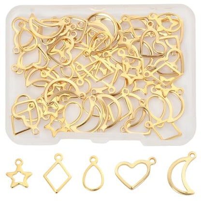 8-64Pcs Silver Goldern Color Heart Pendants Charms 10 Styles Heart Stainless Steel Metal Charms for Jewelry Making Crafting Necklaces Bracelets Earrings Keychains Birthday Gift - color: Golden 5 Shapes-60 pcs