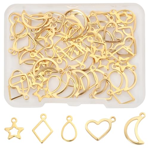 8-64Pcs Silver Goldern Color Heart Pendants Charms 10 Styles Heart Stainless Steel Metal Charms for Jewelry Making Crafting Necklaces Bracelets Earrings Keychains Birthday Gift - color: Golden 5 Shapes-60 pcs