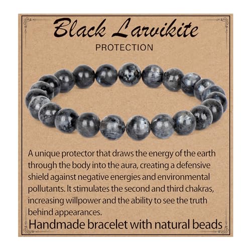 LPBeads Handmade Natural Gemstone Stretch Elastic Bracelet Healing Crystal Round Stone Beads Jewelry Gifts for Women Men - color: Black Larvikite, size: 8mm