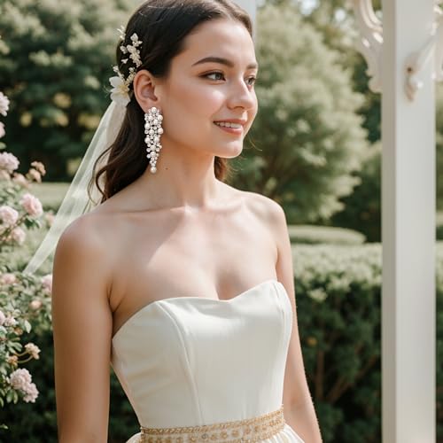 BriLove Women's Wedding Bridal Crystal Simulated Pearl Multi Beaded Cluster Chandelier Dangle Earrings - color: Silver-Tone