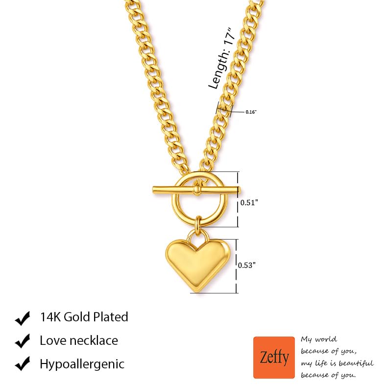 Zeffy Dainty Gold Heart Necklace for Women Trendy 14K Gold/Silver Plate Cute Heart Pendant Choker Necklaces Gold Love Heart Chain Necklace for Women Dainty Gold Jewelry Gifts for Women - style: Chunky Puffy Heart Necklace-Gold