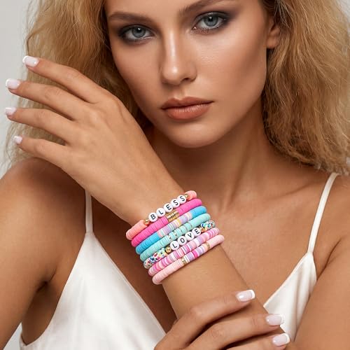 Summer Surfer Heishi Bracelet Set for Women Stackable Gold Plated Clay Ploymer Bead Stretch Pink Beach Layering Bracelets Jewelry - color: B-A4 love 7pcs
