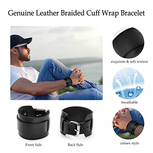 Jovivi Cutom Leather Bracelet - Personalized Punk Men Women Black Brown Wide Genuine Leather Wrap Cuff Bangle Bracelet Belts Wistband, Adjustable 7.2"-9" - color: A:Brown(Non-Engraving)