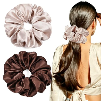 2 PCS Brown Jumbo Satin Silky Scrunchies 6.5 Inches Oversized Scrunchie Extra Large Big Hair Ties Ponytail Holder for Thick Curly Hair Women (Brown, Pink Taupe) - color: Brown, Pink Taupe
