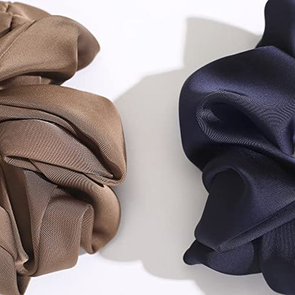 4 PCS Large Satin Silk Scrunchies for Women Big Hair Scrunchies Thick Hair | Black Navy Brown Champagne / Stretched 10" Length / No Damage / Gift Box /Diameter: 5 inches / All Hairstyles - color: Black Navy-Blue Brown Champagne, size: 1 Count (Pack of 4)