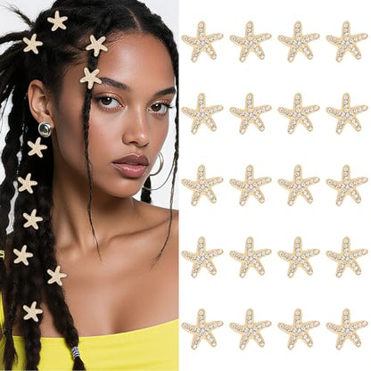 YISSION 20 Pcs Gold Starfish Hair Clips Cute Rhinestone Hair Pins Small Hair Barrettes Starfish Hair Clip Mermaid Hair Accessories for Girls Women Beach Party - color: Gold & White Rhinestone