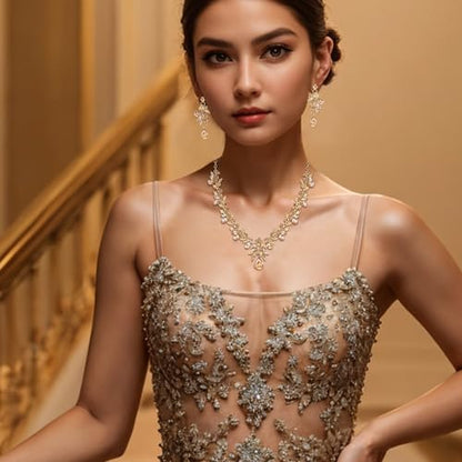 Women's Wedding Jewelry Set Leaf Flower for Bridal Prom Party | Stunning Crystal Teardrop Marquise Cluster Pendant Necklace Dangle Earrings Set for Bride Bridesmaid - color: Champagne Gold-Plated-Base