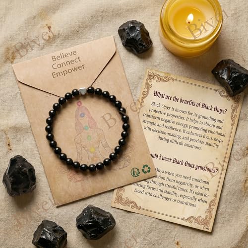 Bivei Crystal Stretch 6mm Bracelets for Women | Handmade Natural Stone Beaded Stretch Bracelet, Stainless Steel Heart Bead, Tranquility Yoga Gift Jewelry for Women - color: Black Onyx - Grounding
