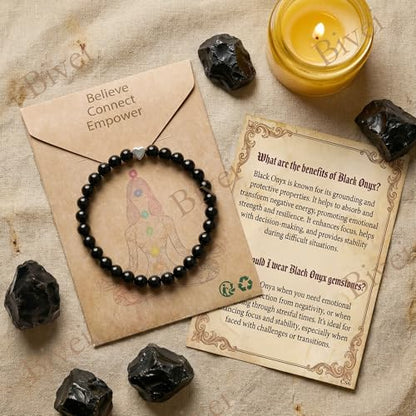 Bivei Crystal Stretch 6mm Bracelets for Women | Handmade Natural Stone Beaded Stretch Bracelet, Stainless Steel Heart Bead, Tranquility Yoga Gift Jewelry for Women - color: Black Onyx - Grounding