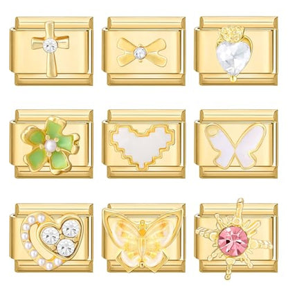 Italian Charms Bracelet Sets with 1Pcs Starter Brascelet 9Pcs Charms 9mm Italian Modular Charm Bracelet DIY Module Jewelry Gifts - color: B-Starter Bracelet Set-GoldSilver