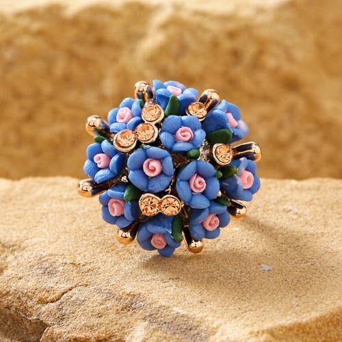 Floral Statement Ring for Women, Colorful Rose Cluster Adjustable Ring with Rhinestone Accent Fashion Jewelry Gift