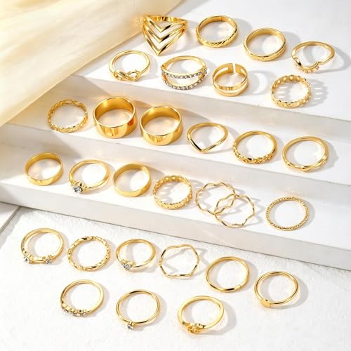 57 Pcs Gold Jewelry Set for Women,12 Pair Hoop Earrings，18 Pair Round Stud Earrings,21 Pcs Stackable Knuckle Rings,6 Pcs MultiLayer Pendant Necklaces，Fashion Accessories for women Gifts - style: Style 3
