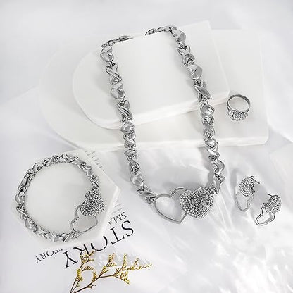 SYHOL Gold Jewelry Set 18K Gold Accessories for Women Jewelry Set Wedding Bridal Fashion Jewelry Sets Women Accessories Bracelets Earrings and Rings Sweetheart Gifts - color: X0091-Silver