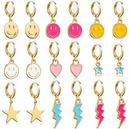 Preppy Earrings Pack with Colorful Happy Smile Lightning Bolt Heart Star Charms Pendants Gold Small Huggie Hoop Dangle Earrings Trendy Y2K Preppy Jewelry Gifts for Teen Girls Women Kids