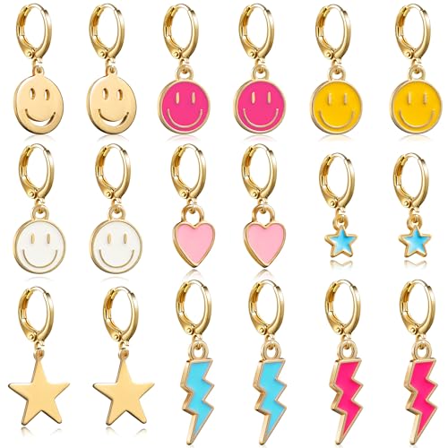 Preppy Earrings Pack with Colorful Happy Smile Lightning Bolt Heart Star Charms Pendants Gold Small Huggie Hoop Dangle Earrings Trendy Y2K Preppy Jewelry Gifts for Teen Girls Women Kids