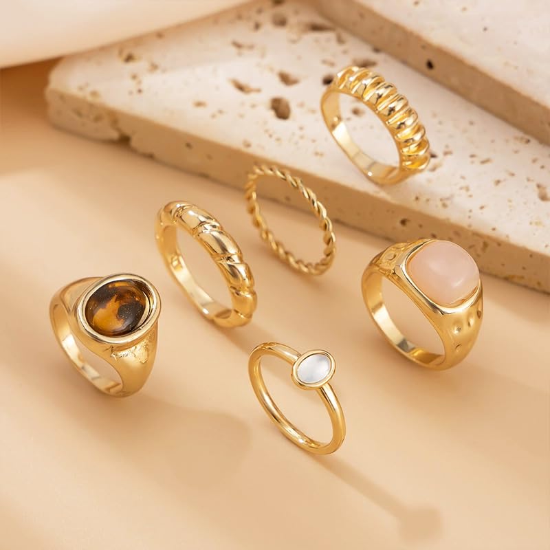 Vintage Boho Crystal Rings Set Chunky Retro Style Gold Statement Big Fashion Western Antique Hippie Knuckle Cocktail Ring Stack Jewelry for Women