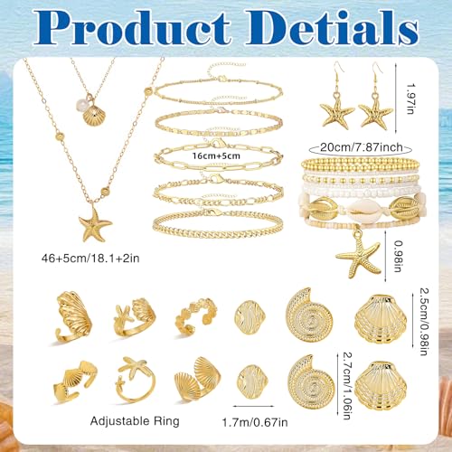 Boho Beach Jewelry Sets for Women | Summer Seashell Starfish Accessories, Necklace, Earrings, Rings Anklet - style: 24pcs Starfish Beach Set