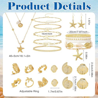 Boho Beach Jewelry Sets for Women | Summer Seashell Starfish Accessories, Necklace, Earrings, Rings Anklet - style: 24pcs Starfish Beach Set