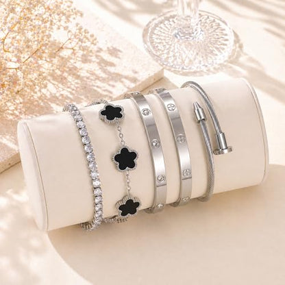 18K Gold Plated Love Bangle Bracelet Stack for Women, Adjustable Clover Bracelet & CZ Tennis Chain Set, Stackable Layered Jewelry, Fade Resistant, Long-Lasting Luster for Daily Wear & Gift - color: 5Pcs Silver Black
