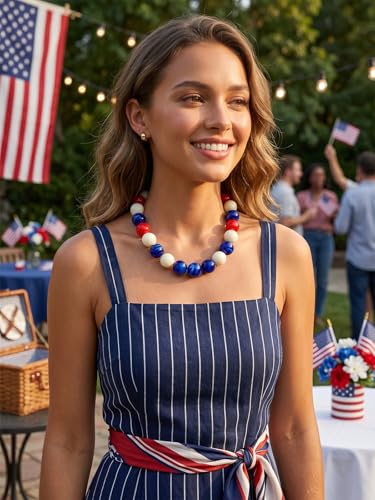 Chunky Beaded Necklaces for Women Statement Necklace | Bold Chunky Choker, Large Resin Beads, Adjustable Necklace, Boho Trendy Summer Beach Holiday Jewelry - color: Red white blue