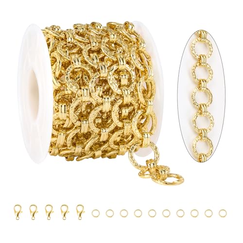 KYUMHOO 6.5 Feet Embossed Circle Chain Link for Jewelry Making | 18K Gold Plated Jewelry Making Chains Bulk on Spool with Jump Rings Lobster Clasps Necklace Bracelet DIY Chain Findings - color: Embossed Circle Gold