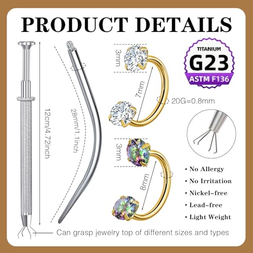 G23 Titanium Horseshoe Nose Ring 20G, 2 Pcs Double Gem Nose Ring for Women, 6mm 7mm 8mm Hypoallergenic Horseshoe Nose Rings Helix Tragus Earring Hoops Labret Lip Piercing Jewelry Small Septum Rings - color: 20G-8mm-2Pcs Gold-White & Rainbow CZ