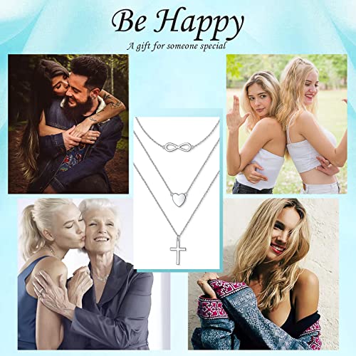 925 Sterling Silver Multilayer Layered Triple Long Chain Necklace for Women - style: Heart Cross Infinity