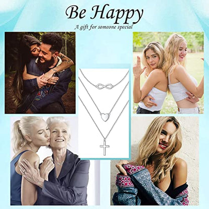 925 Sterling Silver Multilayer Layered Triple Long Chain Necklace for Women - style: Heart Cross Infinity