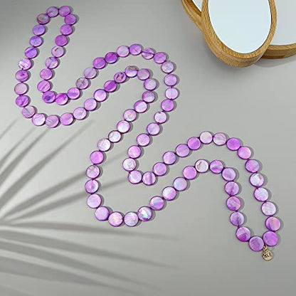 Firstmeet Flat Round Coin Shell Beads Long Knotted Necklace Natural Mother of Pearl Handmade Jewelry For Women - color: Purple AB
