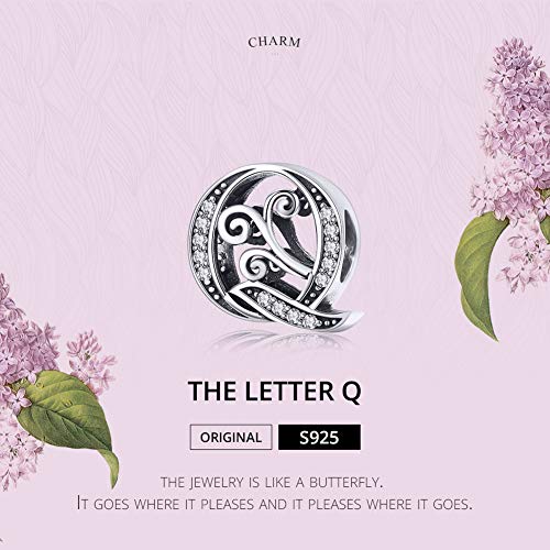 BISAER 925 Sterling Silver Initial Letter A-Z Charms for Bracelets Alphabet Beads Charm Jewelry Gifts - color: Letter Q