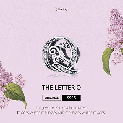 BISAER 925 Sterling Silver Initial Letter A-Z Charms for Bracelets Alphabet Beads Charm Jewelry Gifts - color: Letter Q