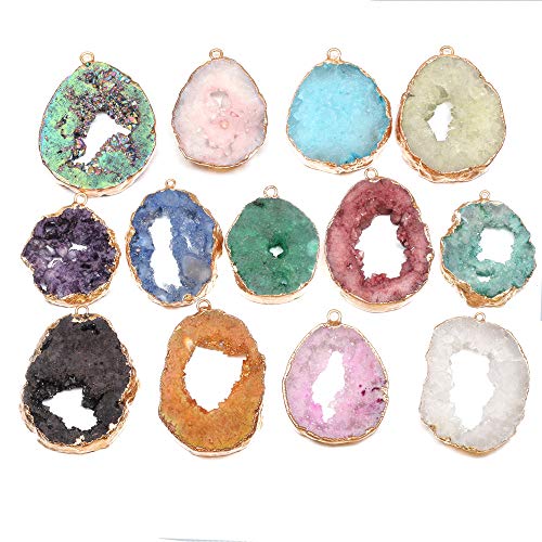 LE SKY natural stone pendant irregular druzy geode agate crystal gemstone charms for jewelry making DIY necklace charms 2 Pcs - color: light coffee