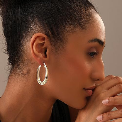 LeCalla 925 Sterling Silver Chunky Hoop Earrings | 14K Two-Tone Three-Tone Hoop Earrings | Intertwining Oval Shape Polished Twisted Hoop Earrings for Women - color: "Large" Tri-Tone 42mm