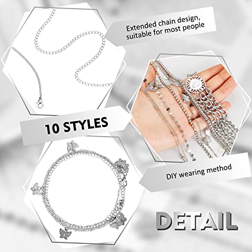 Lenwen 10 Pcs Summer Beach Belly Chain Adjustable Waist Multi Layered Chain Waist Jewelry for Women Girls Multilayer Body - color: Silver, style: Stylish Style