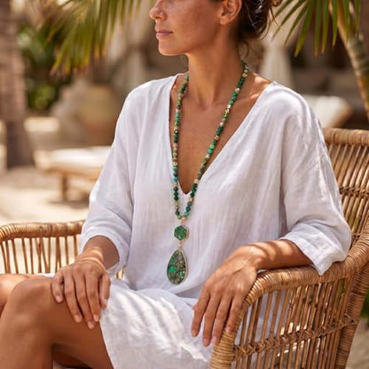 Gmai Boho Necklace for Women Long Beaded Pendant Necklace Natural Stone Teardrop pendant Jewelry Festival Vacation Gift Everyday Handmade Unique Statement Necklace - color: green