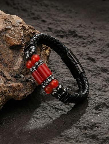 Mens Leather Turquoise/Tiger Eye/Obsidian/Lava Stone Bracelet–Braided Multi‑Layer Wristband Cuff Bangle Barcelet–Jewelry Box and Pouch Packing - color: Agate Onyx, size: 9in(Fits larger wrists)