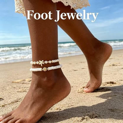 Gold Anklets Bracelets for Women Waterproof Layered Beaded Anklet Bracelets Set Boho Pearl Starfish Shell Anklet Bracelet Stacked Turquoise Anklets Bracelet Summer Beach Foot Jewelry Gift for Women - style: Starfish Shell