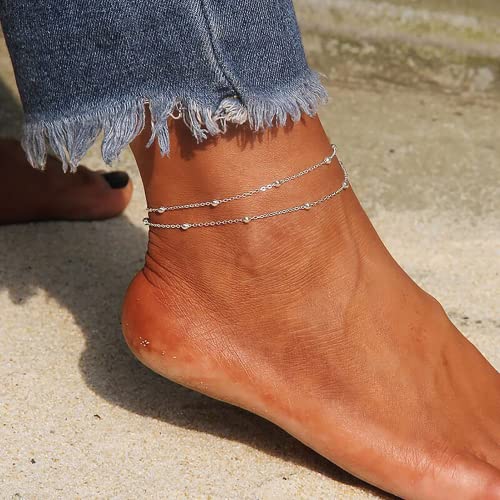 Dainty Simple Chain Anklet for Women 18k Gold/Silver Plated Summer Beach Beaded Evil Eye Moon Figaro Butterfly Satellite Cuban Pearl Flat Marina Anklet Gift - color: Layered Beaded-SL
