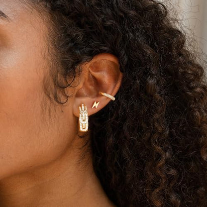 DREMMY STUDIOS Gold Dainty Huggie Hoop Earrings 18K Gold Plated Exquisite Open Tassel Dangle Charm Drop Sleeper Geometric Cross Coin Star Heart White CZ Simple Hypoallergenic Earrings for Women - color: Retro Hoop