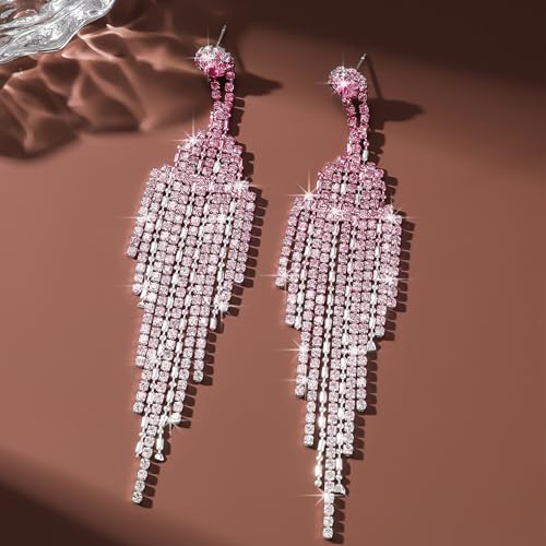 Rhinestone Earrings Prom Earrings for Women Sparkly Long Tassel Chandelier Drop Statement Earring Jewerly Gifts Wedding Party Prom Dresses Accessories - color: A3: pink prom earrings