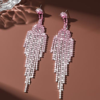 Rhinestone Earrings Prom Earrings for Women Sparkly Long Tassel Chandelier Drop Statement Earring Jewerly Gifts Wedding Party Prom Dresses Accessories - color: A3: pink prom earrings