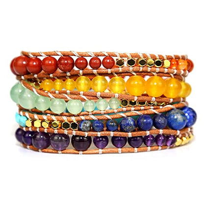 Boho Wrap Bead Bracelet for Women - Handmade Adjustable Natural Stone Beaded Bracelets Yoga Healing Bracelet Bangle Hippie Jewelry - color: Chakras