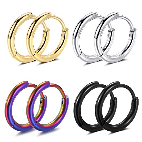 Black Hoop Earrings for Men 8mm 10mm 12mm – Surgical Stainless Steel Hypoallergenic Mens Small to Medium Hoop Earrings Set (3 Pairs) - style: A:4pairs,8mm,black+steel+rainbow+gold