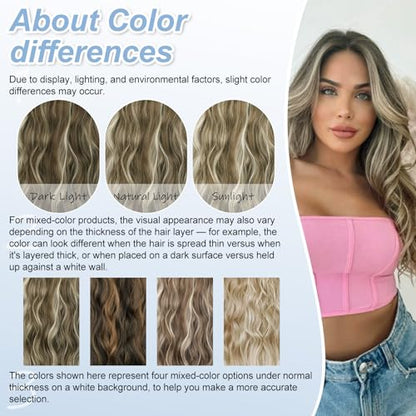 Medium Brown Halo Hair Extensions with Ash Blonde Highlights | 20 Inch Wavy Synthetic Fiber with Invisible Wire and 4 Secure Clips for Easy Daily Styling and Party Wear - color: Ash Medium Brown Highlights