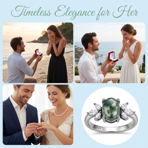 MRENITE Oval Floral Ring for Women S925 Sterling Silver Gemstone Ring for Her Anniversary Birthday Engagement Promise Jewelry Gift - color: White Opal